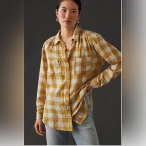 Anthropologie Pilcro Relaxed Mustard Oversized Button-Down Plaid Shirt small